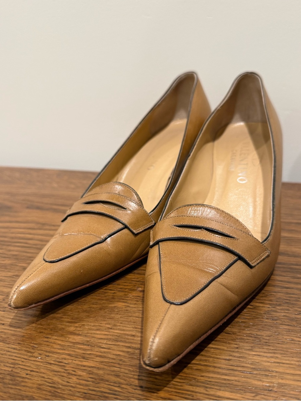Valentino Garavani Camel Leather Penny Loafer Heels 38.5 Quiet Luxury
